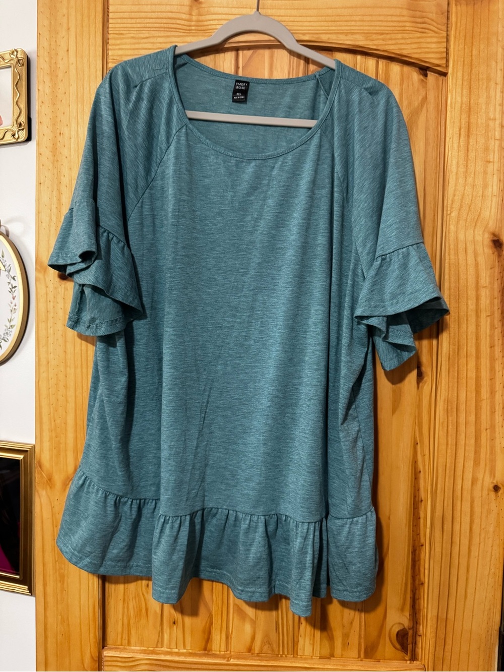 Emery Rose Teal Ruffle-Hem Short Sleeve Blouse